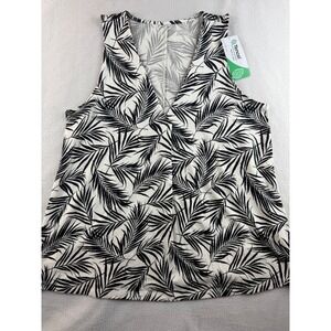 Lands‎ End Womens Tank Top Medium Black White Palm Leaf Sleeveless Tencel